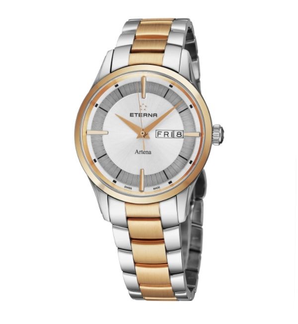 Eterna Men's 2525.53.11.1725 'Artena' Silver Dial Stainless Steel Two Tone Day Date Swiss Quartz Watch