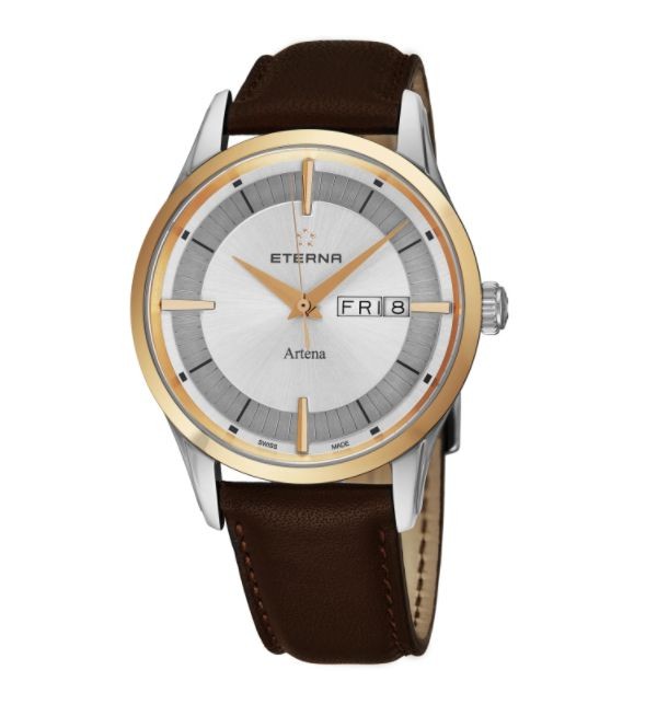 Eterna Men's 2525.53.11.1344 'Artena' Silver Dial Brown Leather Strap Two Tone Day Date Swiss Quartz Watch